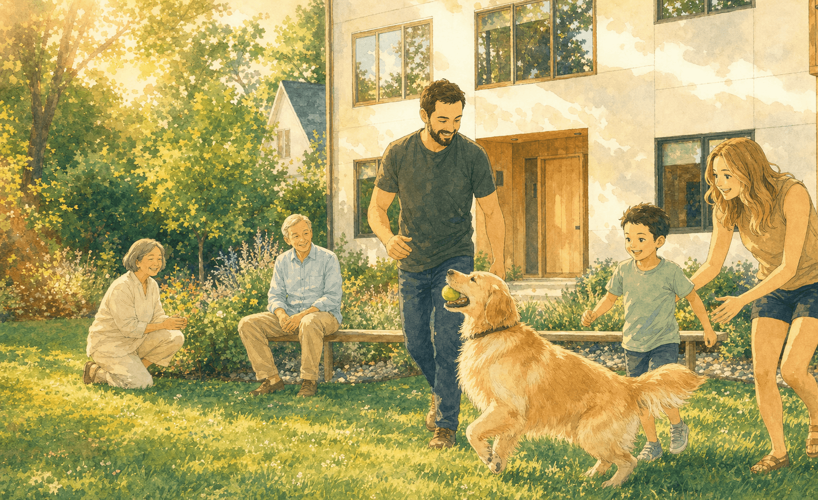 A family spending time together in a garden