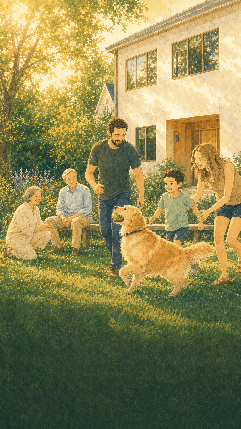 Watercolor illustration of three generations enjoying an afternoon in the garden