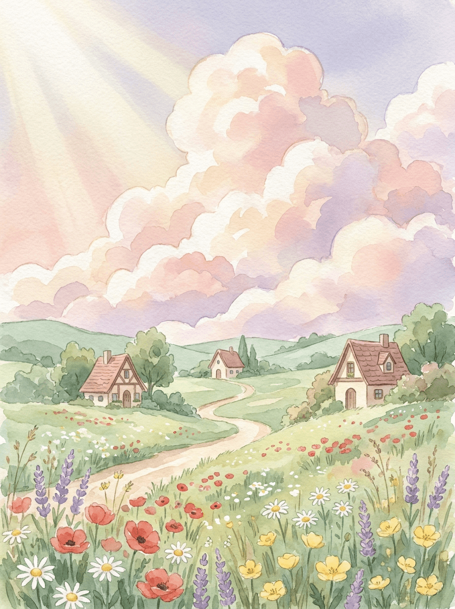 A soft watercolor meadow with wildflowers, cottages, rolling hills, and sunlit clouds